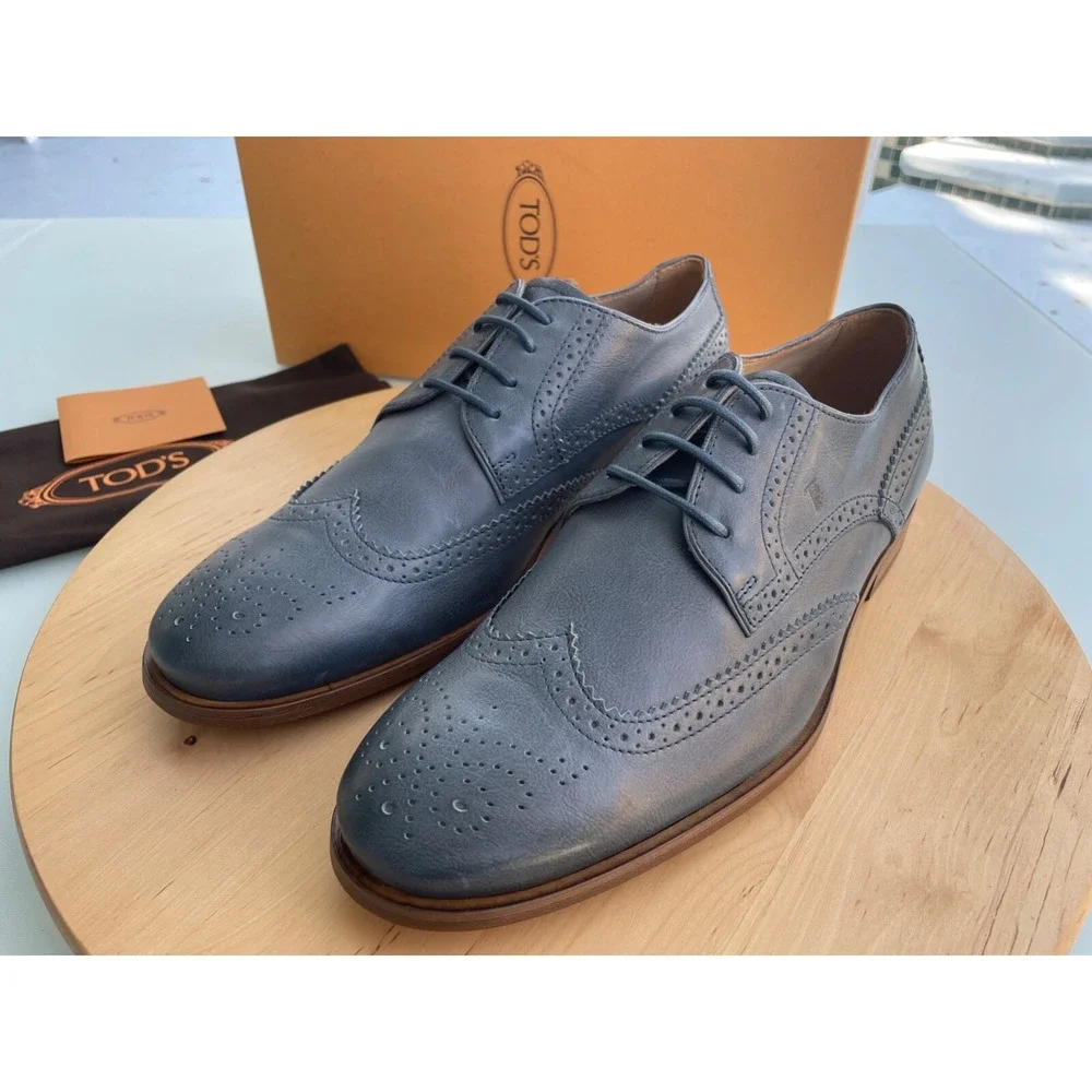Tod's Men's Derby Bucature Cuoio SY Grey Leather Oxford shoes, Size UK 7 (US 8)